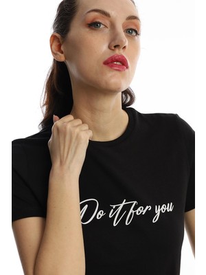 Polo State Kadın Do It For You Yazı Baskılı T-Shirt Siyah