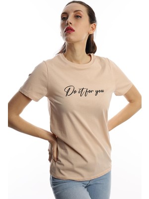 Polo State Kadın Do It For You Yazı Baskılı T-Shirt Bej