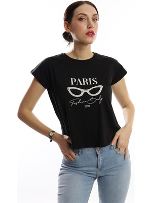 Polo State Kadın Paris Yazı Baskılı Crop T-Shirt Siyah