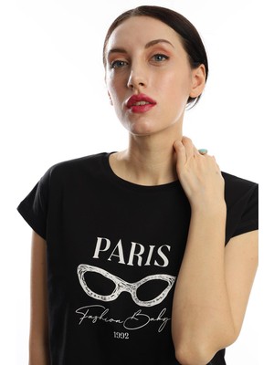 Polo State Kadın Paris Yazı Baskılı Crop T-Shirt Siyah