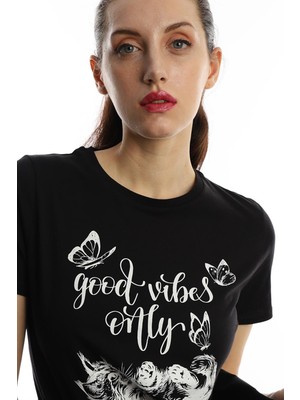 Polo State Kadın Good Vibes Only Yazı Baskılı T-Shirt Siyah