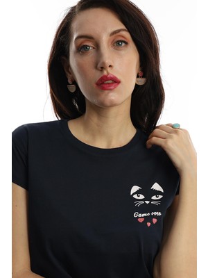 Polo State Kadın Game Over Kedi Baskılı T-Shirt Lacivert