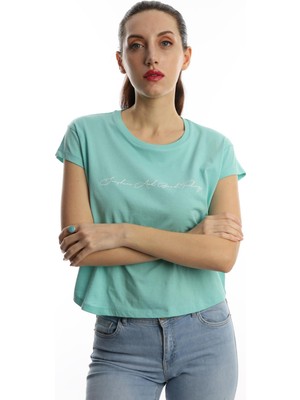 Polo State Kadın Bisiklet Yaka Baskılı Crop T-Shirt Turkuaz