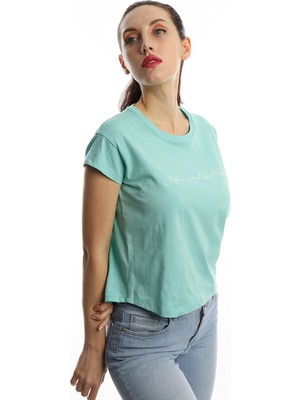 Polo State Kadın Bisiklet Yaka Baskılı Crop T-Shirt Turkuaz