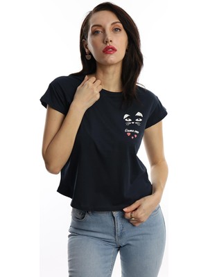 Polo State Kadın Bisiklet Yaka Game Over Kedi Baskılı Regular Fit Tişört Lacivert