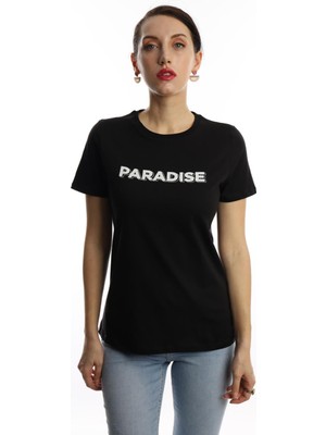 Polo State Kadın Paradise Baskılı Bisiklet Yaka T-Shirt Siyah