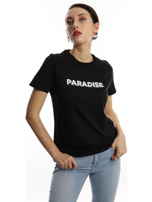 Polo State Kadın Paradise Baskılı Bisiklet Yaka T-Shirt Siyah