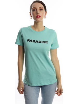 Polo State Kadın Paradise Baskılı Bisiklet Yaka T-Shirt Turkuaz