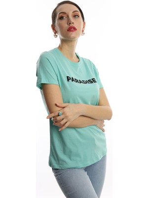 Polo State Kadın Paradise Baskılı Bisiklet Yaka T-Shirt Turkuaz