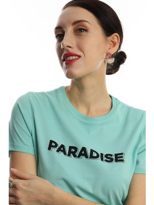 Polo State Kadın Paradise Baskılı Bisiklet Yaka T-Shirt Turkuaz