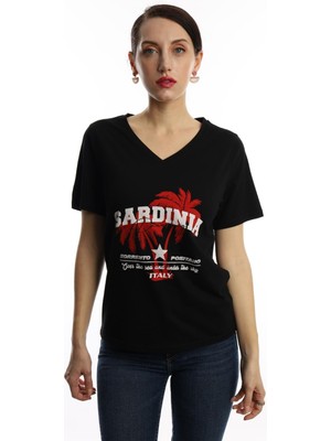 Polo State Kadın Sardinia Baskılı V Yaka T-Shirt Siyah