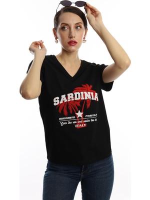 Polo State Kadın Sardinia Baskılı V Yaka T-Shirt Siyah