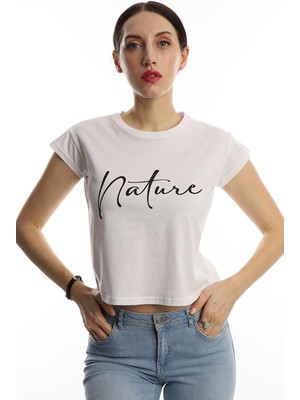 Polo State Kadın Nature Yazı Baskılı Crop T-Shirt Beyaz