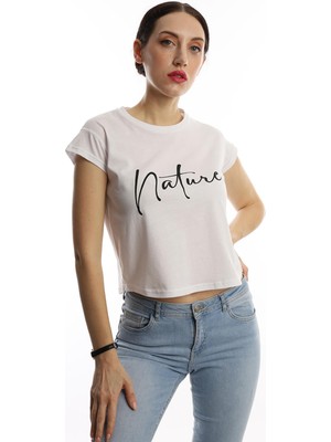 Polo State Kadın Nature Yazı Baskılı Crop T-Shirt Beyaz