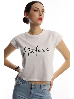 Polo State Kadın Nature Yazı Baskılı Crop T-Shirt Beyaz