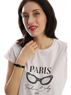 Polo State Kadın Paris Yazı Baskılı Crop T-Shirt Beyaz