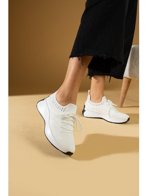 Shoetek Faina Kadın Sneakers Triko Dokumalı Bağcıklı Spor Ayakkabı Beyaz