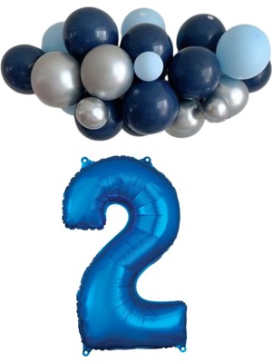 Organizasyon Pazarı Mini Zincir Balon Seti Gece Mavisi-Krom Gümüş-Açık Mavi+2 34inç Mavi Folyo  30 Adet +Balon Şeridi