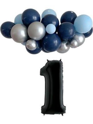 Organizasyon Pazarı Mini Zincir Balon Seti Gece Mavisi-Krom Gümüş-Açık Mavi+1 34inç Siyah Folyo  30 Adet +Balon Şeridi