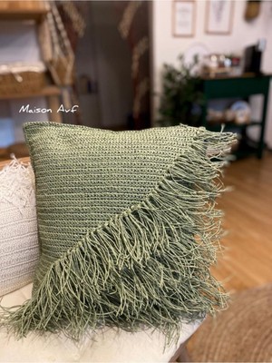 Maison Avf Su Yeşili Kağıt Ip Dekoratif Kırlent Yan Detaylı (Çift Tarafı Örgü)