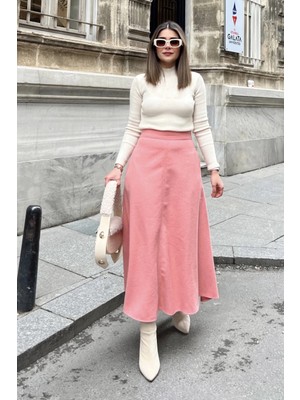 New Laviva Kadın Pudra Yüksek Bel, Cepli, Uzun, Fitilli Kaşe Kumaş, Maksi Kiloş Etek (Dar Kalıp)