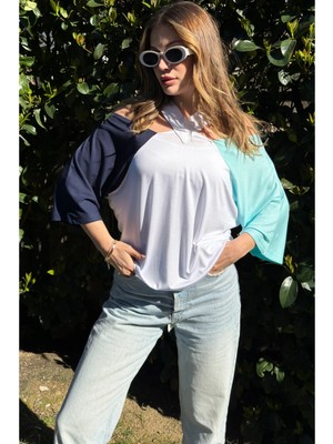 New Laviva Kadın Laci & Mint Yarım Kol, Şeritli Dekolte Yaka, Color Block Tasarım, Salaş Bluz