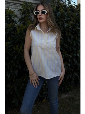 New Laviva Kadın Sarı Çizgili, Dokulu Yazlık Kumaş, Yarım Patlı, Sıfır Kollu Bluz