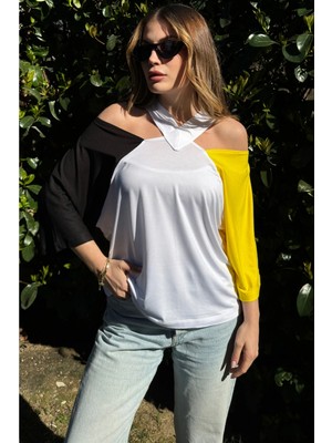 New Laviva Kadın Siyah & Sarı Yarım Kol, Şeritli Dekolte Yaka, Color Block Tasarım, Salaş Bluz