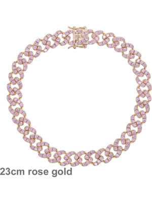 Qiuhong Shop 23CM Gül Altın Buzlu Out 9mm Genişlik Bling 5A Cz Küba Link Zinciri Bacak Zinciri Ayak Takı Womek Pembe Renk Küba Halhal (Yurt Dışından)