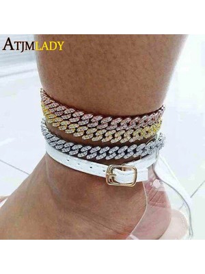 Qiuhong Shop 23CM Gül Altın Buzlu Out 9mm Genişlik Bling 5A Cz Küba Link Zinciri Bacak Zinciri Ayak Takı Womek Pembe Renk Küba Halhal (Yurt Dışından)