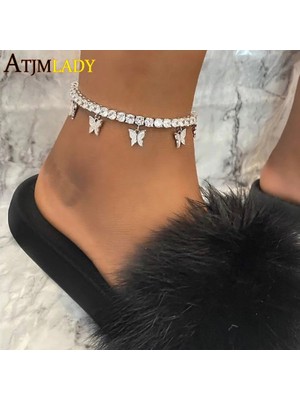 Qiuhong Shop Gül Altın Pembe 5mm Buzlu Out Bling 5A Cz Teain Halhal Takı Kadınlar Için Pembe Pembe Kelebek Kolye Halhal Yaz Yeni Plaj Ayak Zinciri (Yurt Dışından)