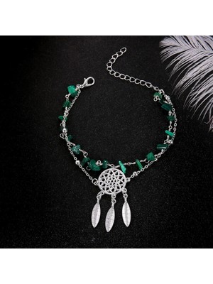 Qiuhong Shop Gümüş Yeşil Kadınlar Çok Katmanlı Dream Catcher Sahte Boncuklu Ayak Zinciri Halhal Bilezik Takı Dekor Aksesuar Hediye (Yurt Dışından)