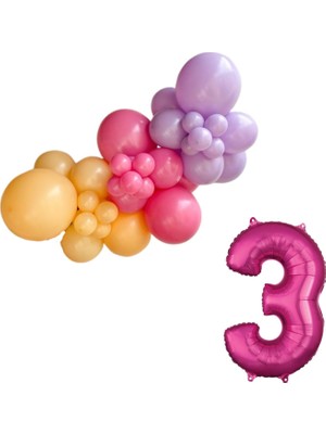 Organizasyon Pazarı Mini Zincir Balon Seti Şeftali-Fuşya-Makaron Lila+3 34 inç Pembe Folyo Balon 30 Adet +Balon Şeridi