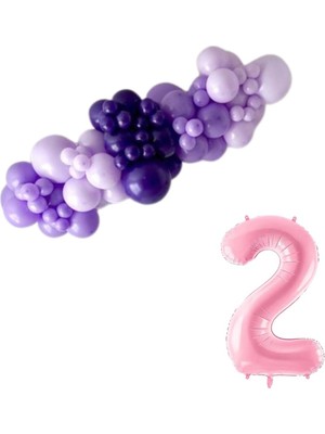 Organizasyon Pazarı Mini Zincir Balon Seti Lila-MakaronLila-Mor+2 34 inç Açık Pembe Folyo Balon 30 Adet +Balon Şeridi