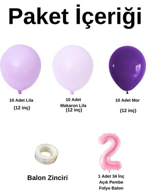 Organizasyon Pazarı Mini Zincir Balon Seti Lila-MakaronLila-Mor+2 34 inç Açık Pembe Folyo Balon 30 Adet +Balon Şeridi