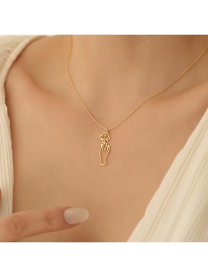 Nox Jewelry 14 Ayar Altın Mikron Kaplama Minimal El ve Çiçek Tasarım Gümüş Kolye - CN00282
