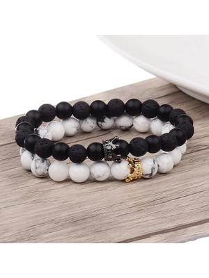 Qiuhong Shop Bu Charm Cz Crown King Boncuk Çift Bilezikler El Yapımı Mesafe Siyah Mat Lav ve Aşıklar Sevgililer Günü Için Beyaz Taş Bilezik (Yurt Dışından)