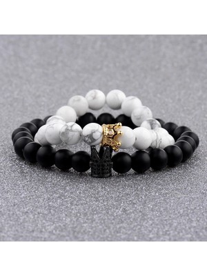 Qiuhong Shop Bu Charm Cz Crown King Boncuk Çift Bilezikler El Yapımı Mesafe Siyah Mat Lav ve Aşıklar Sevgililer Günü Için Beyaz Taş Bilezik (Yurt Dışından)