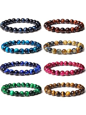 Qiuhong Shop 21CM Tarzı Lapis Lazuli Renkli Doğal Kaplan Gözü Taş Boncuk Bilezik 8mm Yuvarlak Taş Taş Boncuklu Enerji Bilezik Buda Takı Kadın Erkek Pulseras Için (Yurt Dışından)