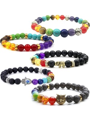 Qiuhong Shop B0893C Lava Taş Bilezikler Kadın Erkek Çakra Bilezikler Hint Yoga Takı Şanslı Fil Fatima El Charm Boncuk Strand Braclets (Yurt Dışından)