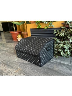 TeknoClub Lüx Oto Bagaj Organizeri Baklava Desenli Deri Bagaj Çanta Düzenleyici Kutu Çantası- Siyah+Beyaz