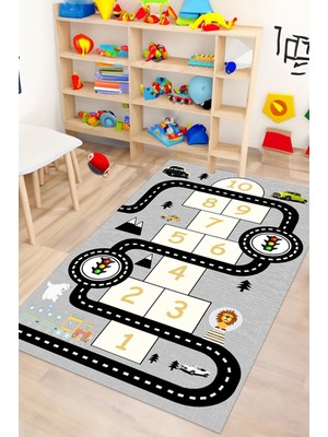 Decomia Home Dijital Kaymaz Yıkanabilir Araba Yollu Eğlenceli Eğitici Gri Çocuk Halısı Çocuk Oyun Halısı