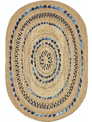 Woopsh Mavi Çizgiler Desenli Oval Örme Dekoratif Jüt Kilim Hasır Halı JUT-4028