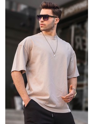 Madmext Erkek Taş Rengi Oversize Fit Basic T-Shirt 6066