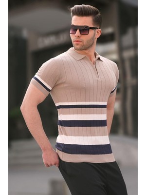 Madmext Çizgili Triko Vizon Polo Yaka Tişört 6356