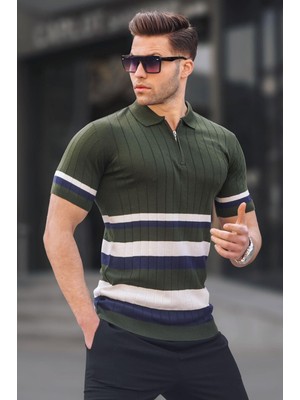 Madmext Çizgili Triko Haki Polo Yaka Tişört 6356