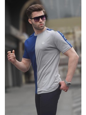 Madmext Boyalı Gri Renk Bloklu Bisiklet Yaka Erkek Tişört 5398