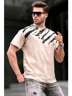 Madmext Bej Desenli Over Fit Erkek Tişört 6116