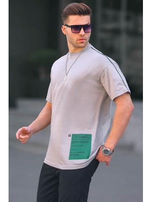 Madmext Boyalı Gri Baskılı Over Fit Erkek Tişört 6111