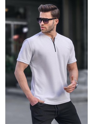 Madmext Boyalı Gri Fermuar Yaka Erkek Tişört 6086